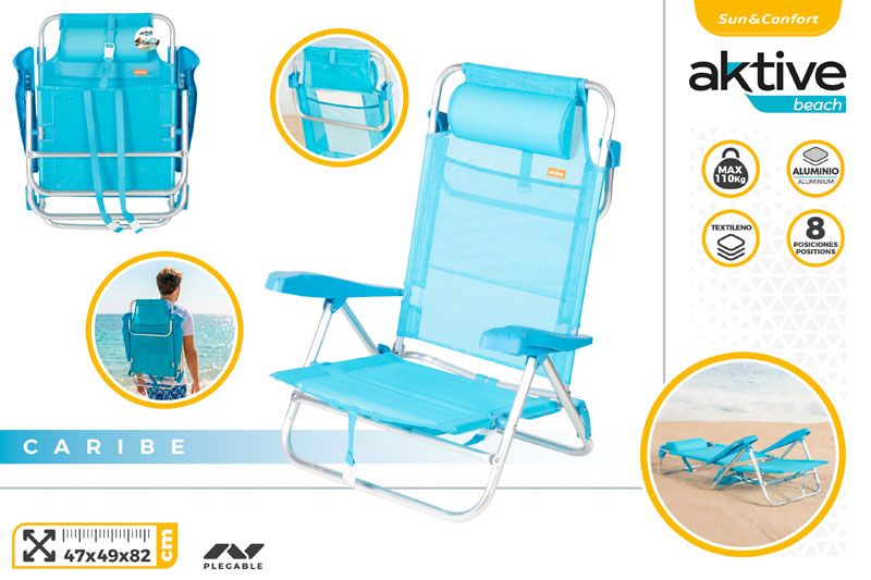 SILLA PLAYA BAJA PLEGABLE MULTIPOSICION 47X49X82CM CARIBE 62522