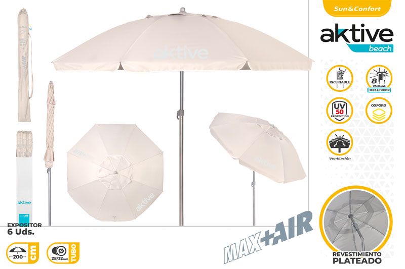 SOMBRILLA D200CM TUBO GRIS 28/32 8 VARILLAS FIBRA MAX+AIR CRUDO 62488