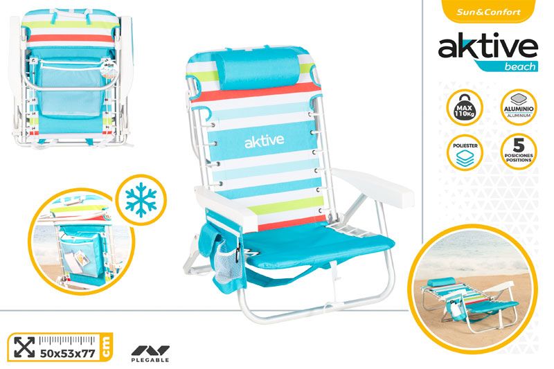 SILLA PLAYA ALUMINIO/POLIESTER PLEGABLE 5 POSICIONES 50X53X77CM MOCHILA Y NEVERA 625440