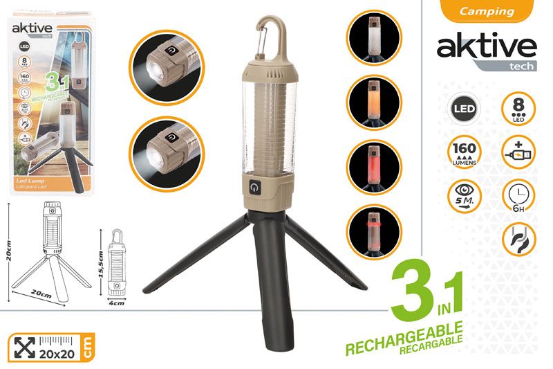 LAMPARA + LINTERNA 8 LEDS RECARGABLE USB 160LMN 20X20CM C/TRIPODE Y GANCHO 63197