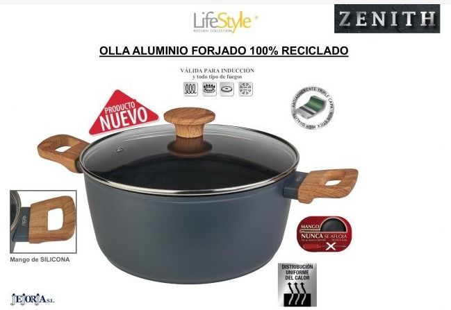 OLLA ALUMINIO C/TAPA VIDRIO INDUCCION ZENITH 26CM ASAS SIMIL MADERA LIFE STYLE 6544543