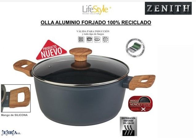OLLA ALUMINIO C/TAPA VIDRIO INDUCCION ZENITH 22CM ASAS SIMIL MADERA LIFE STYLE 544529